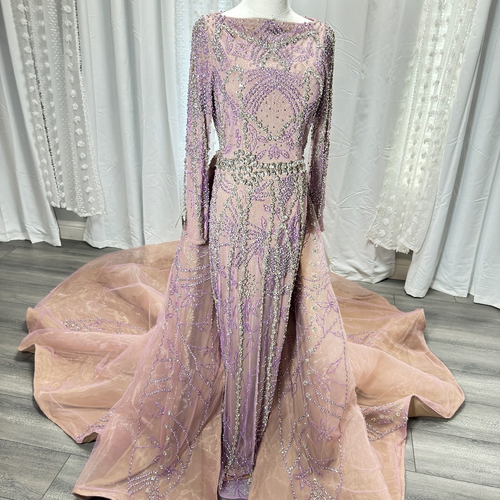 Iyza Belaar Beaded Sequin Embroidered Hand Beaded Gown Dress Purple Size 8